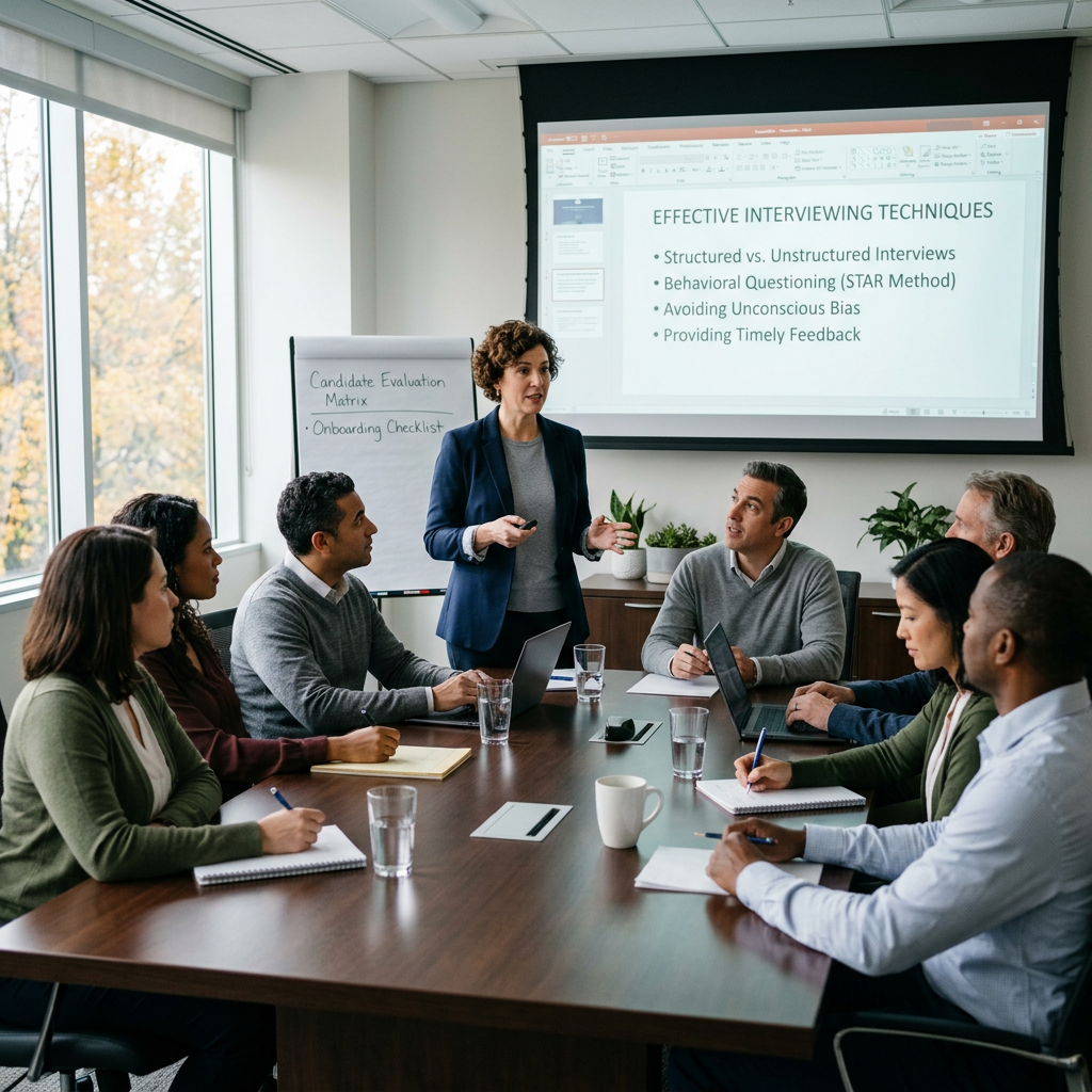 Facilitator presenting effective interviewing techniques to a team around a conference table