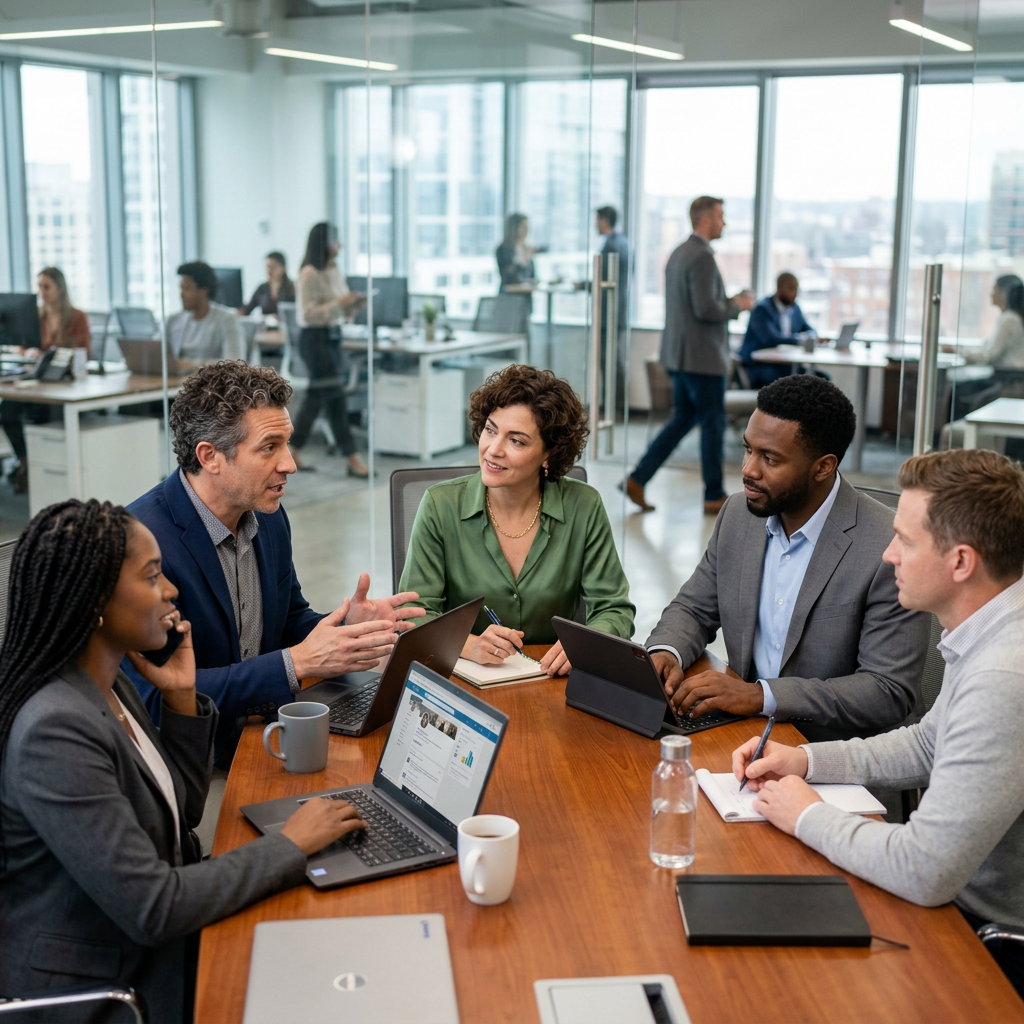 Diverse business team discussing work around a conference table